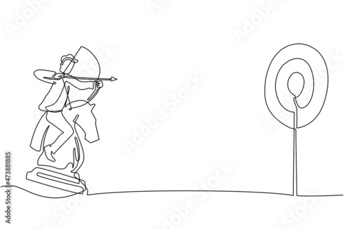 Continuous one line drawing businessman holding archery aiming target while riding chess knight piece, strategic concept. Success business manager. Single line draw design vector graphic illustration