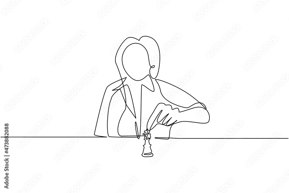 Continuous one line drawing strategy, leadership and management concept. Young cute businesswoman sitting and moving chess figure alone feeling confident. Single line draw design vector illustration