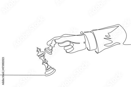 Continuous one line drawing man hand holding chess pawn. Male use pawn chess piece to crash opposite team king figure. Checkmate. Win in chess game. Single line draw design vector graphic illustration