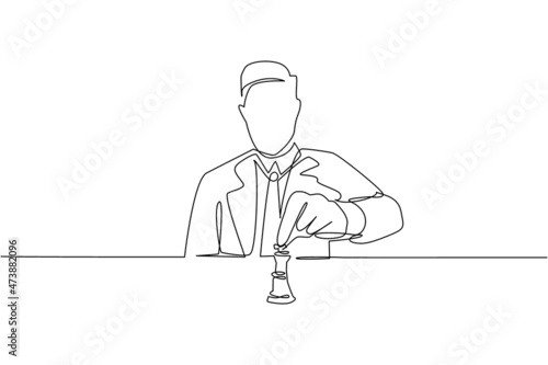Continuous one line drawing strategy, leadership and management concept. Young smiling businessman sitting and moving chess figure alone feeling confident. Single line draw design vector illustration