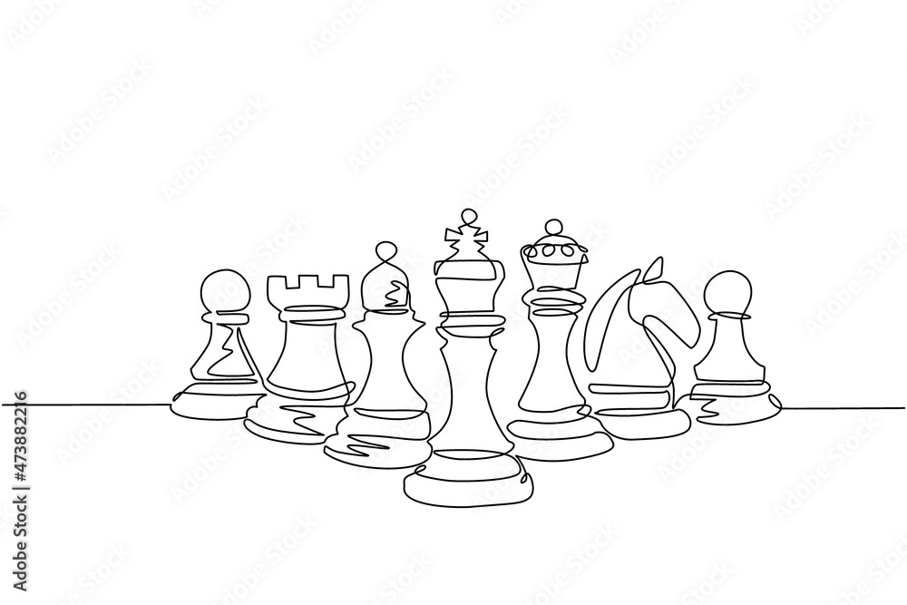 Single one line drawing chess pieces aligned, luxury hand drawn or  engraving. King, Queen, Bishop, Knight, Rook, Pawn. Leader success concept.  Continuous line draw design graphic vector illustration Stock Vector