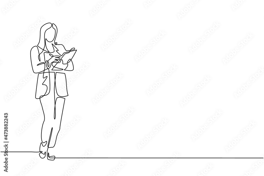 Continuous one line drawing female office secretary writing with clipboard. Smart woman in elegant wear, assisting in paper work. Business workwear trend, city fashion. Single line draw design vector