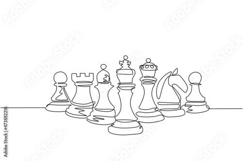 Fotobehang Single one line drawing chess pieces aligned, luxury hand drawn or engraving