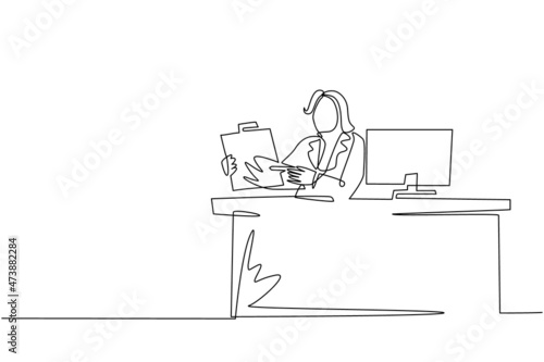 Continuous one line drawing smiling banking clerk showing bank credit, loan contract or mortgage agreement sitting at desk with computer. Businesswoman lender. Single line draw design vector graphic