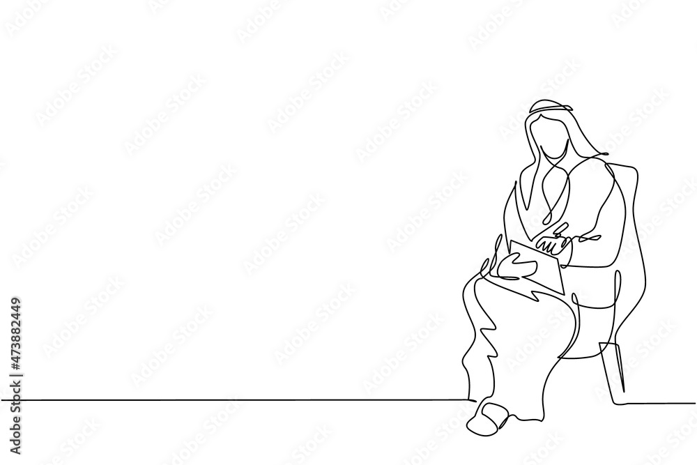 Continuous one line drawing young Arabian businessman with clipboard. Male executive sitting in armchair. Man taking notes. Psychology consultation. Single line draw design vector graphic illustration Continuous one line drawing young Arabian businessman with clipboard. Male executive sitting in armchair. Man taking notes. Psychology consultation. Single line draw design vector graphic illustration