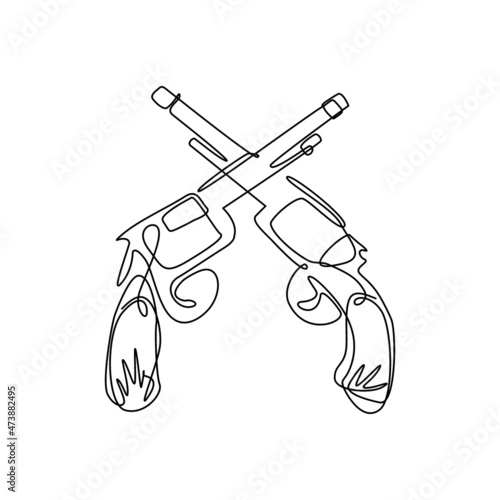 Single continuous line drawing pair of crossed pistol guns in vintage etched engraved style. Two crossed pistols isolated on white background. Dynamic one line draw graphic design vector illustration