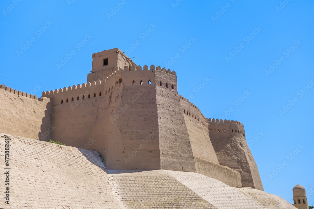 Main bastion of Ichan-Kala fortress, Khiva, Uzbekistan. Towers in this place have more outstanding construction than other ones. In addition, Ak-Sheikh-Bobo watchtower located in upper part