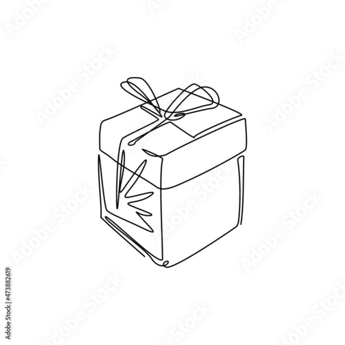 Single continuous line drawing gift box with ribbon icon. Birthday celebration. Surprise gift box, special give away package, loyalty program reward. One line draw graphic design vector illustration