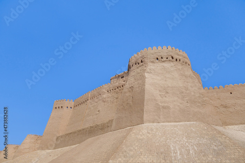 Main tower of Ichan-Kala fortress, Khiva, Uzbekistan. Geographically, it is historic center of old town. Full view opens from this point on Ichan and Dishan Kalas