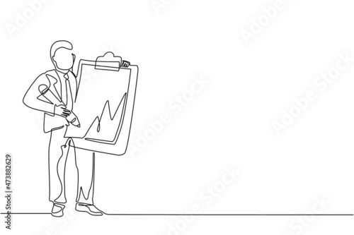 Single one line drawing businessman holding clipboard with checklist. Business success completed plan. Goal achievements planning schedule. Continuous line draw design graphic vector illustration
