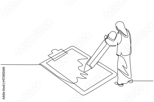 Single one line drawing Arabian businesswoman filled out questionnaire. Woman standing near big checklist. Female with pencil writes test on clipboard. Continuous line draw design vector illustration