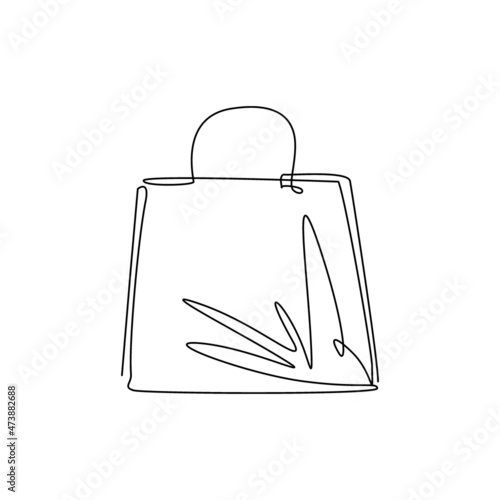 Single one line drawing shopping paper bag. Stylish package for purchase. Holiday sales, discount. Ecommerce business, online store or shop. Continuous line draw design graphic vector illustration