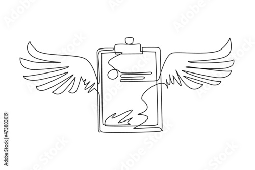 Continuous one line drawing clipboard with wings icon. Task done. Signed approved document icon. Project completed. Check Mark sign. Worksheet sign. Single line draw design vector graphic illustration