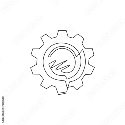 Continuous one line drawing metal gears and cogs. Gear icon flat design banner poster emblem. Mechanism wheels logo. Cogwheel concept template. Single line draw design vector graphic illustration