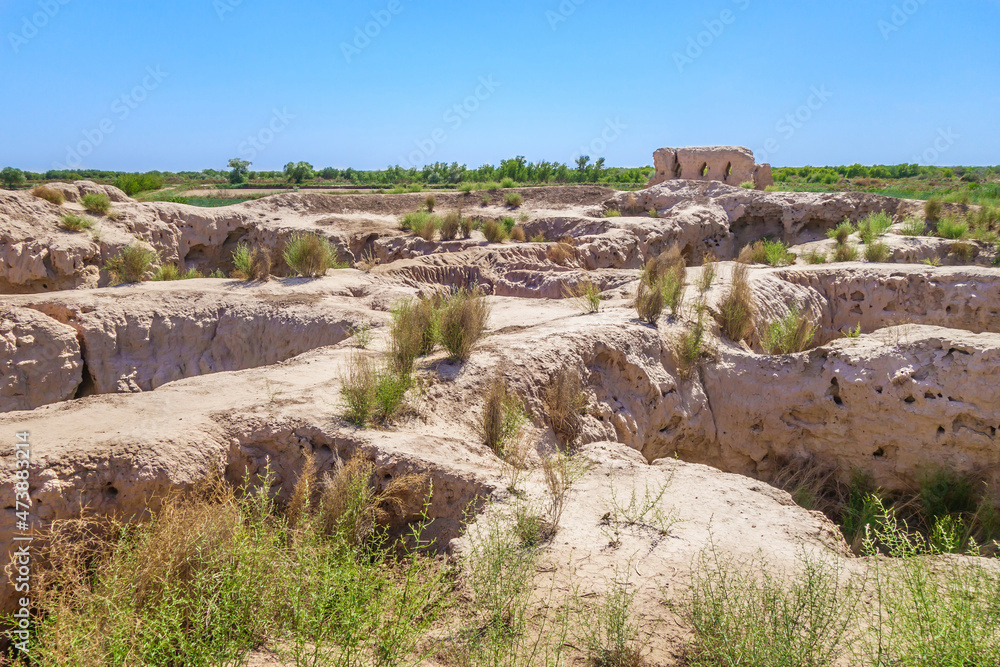 Panorama of complex Koi-Krylgan-Kala (400 BC), Karakalpakstan, Uzbekistan. Ruins of Zoroastrian temple and royal tomb. Diameter of 2-level complex: 44 m. No analogue of this kind of structure
