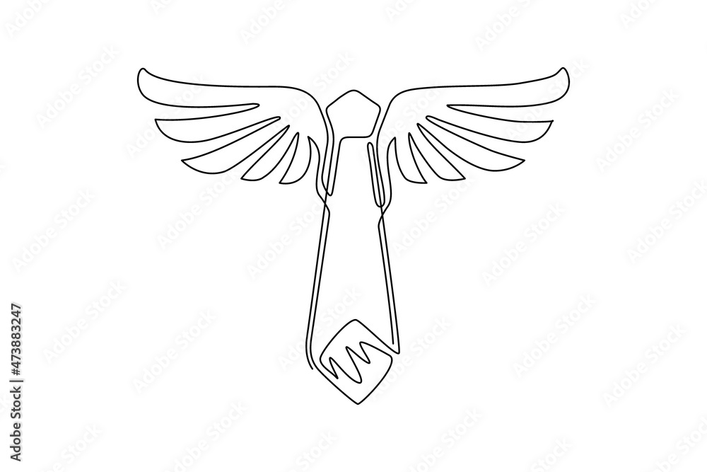 Fototapeta premium Continuous one line drawing fly tie with wings icon. Winged tie based concept logo. Business symbol, playful tie flat isolated banner poster card. Single line draw design vector graphic illustration