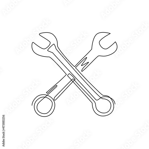 Single one line drawing repair icon. Two crossed wrenches. Auto mechanic car repair shop logo with wings. Fast car service, vehicle maintenance. Continuous line draw design graphic vector illustration