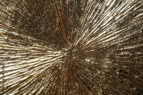 area of radially crumpled gold patina, flare effect, short focus
