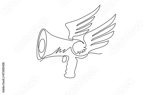 Continuous one line drawing megaphone with wings is flying. Winged logo composed with megaphone equipment. Proletarian revolution, political propaganda. Single line draw design vector illustration