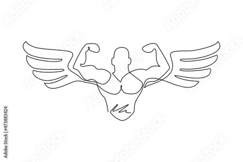 Single one line drawing bodybuilder with wings, fitness and bodybuilding theme. Fitness gym logo design template weightlifting. Sport fitness club. Continuous line draw graphic vector illustration