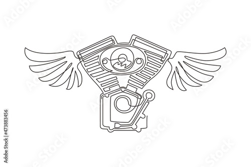 Single continuous line drawing motorcycle club logo with motor and wings, bikers club logo, custom motorcycles service icon. Motorcycle engine with wings. Dynamic one line draw graphic design vector
