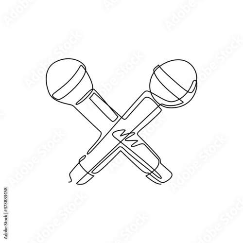 Single continuous line drawing two microphones crossed logo. Social media influence, broadcasting concept. Karaoke party, rap battle, audio equipment. One line draw graphic design vector illustration
