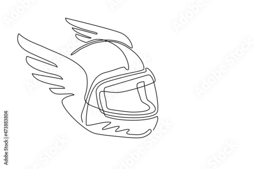 Single continuous line drawing motorbike, racing helmet with wings icon. Motorcycle race, motocross or biker club, motorsport competition with winged helmet. One line draw design vector illustration