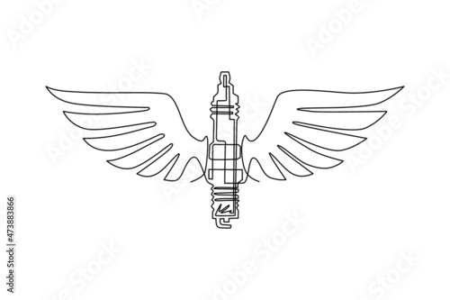 Single continuous line drawing spark plug with wings. Vintage auto emblem. Emblem template. Design element for logo, label, sign, poster, t shirt. Dynamic one line draw graphic vector illustration