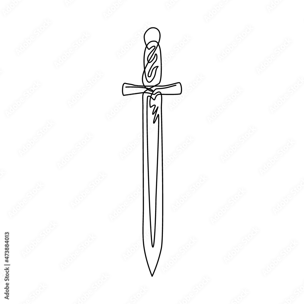Single continuous line drawing sword icon, metal sword, European