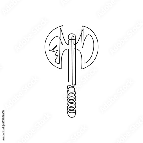 Single one line drawing broad axe, medieval axe, battle axe, executioner axe. Element for woodworking or lumberjack emblem or icon. Modern continuous line draw design graphic vector illustration