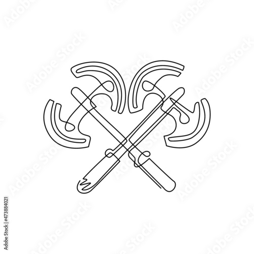Single continuous line drawing two crossed broad axe, medieval axe, battle axe, executioner axe. Element for woodworking or lumberjack emblem or icon. One line draw graphic design vector illustration