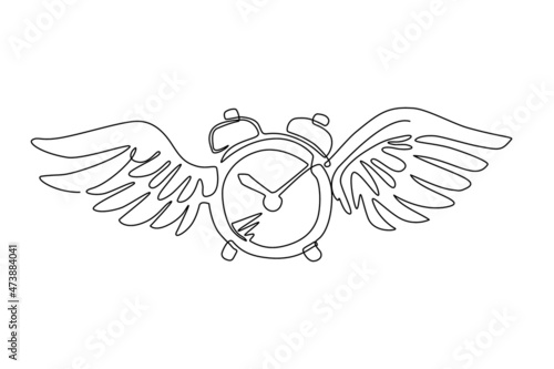 Single continuous line drawing time flies concept. Table alarm clock with wings. Flat flying clock. Time icon or symbol. Winged alarm clock flying in the sky. One line draw design vector illustration