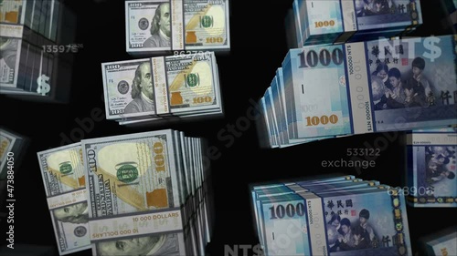 American Dollar and Taiwan Dollar money exchange. Banknotes pack bundle. Concept of trade, economy, competition, crisis, conflict, rivalry and finance. Notes loopable seamless 3d. photo