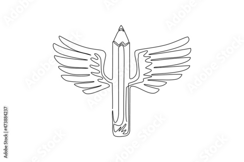 Continuous one line drawing pencil with wings, vector simple trendy logo or icon for designer or studio, creative freedom, angel design, linear style. Single line draw vector graphic illustration