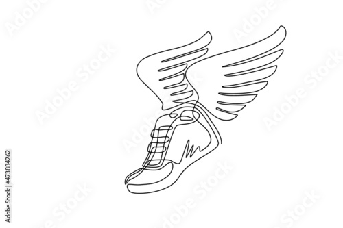 Continuous one line drawing running shoes with wings isolated. Stylized, minimalistic vintage design template element for print, label, badge or other symbol. Single line draw design vector graphic