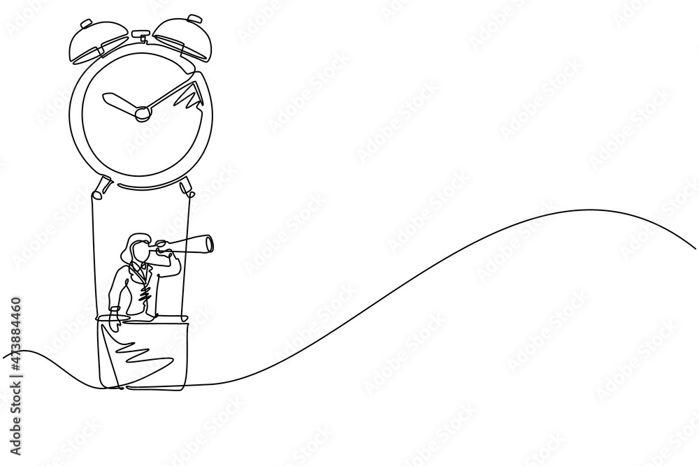 Single continuous line drawing cute businesswoman, manager or employee ride hot air balloon alarm clock and looking forward with telescope. Time management business travel. One line draw design vector Single continuous line drawing cute businesswoman, manager or employee ride hot air balloon alarm clock and looking forward with telescope. Time management business travel. One line draw design vector