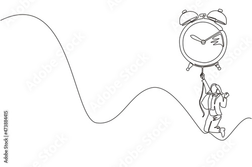 Single one line drawing happy businesswoman, manager or employee flying with big balloon alarm clock and hold rope. Time management business metaphor. Continuous line draw design vector illustration