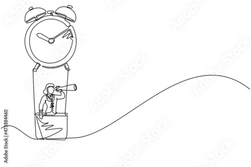 Single continuous line drawing cute businesswoman, manager or employee ride hot air balloon alarm clock and looking forward with telescope. Time management business travel. One line draw design vector