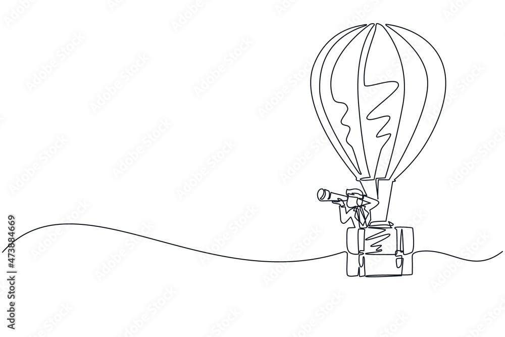 Single continuous line drawing businessman looking through telescope in hot air balloon briefcase. Man in suitcase balloon search to success. Business travel. One line draw design vector illustration
