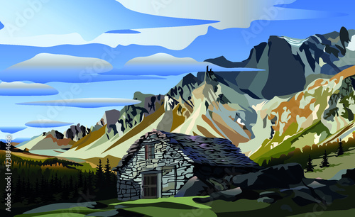 Mountains and an old house. Vector illustration of a beautiful landscape of majestic mountains and an old house on their background.