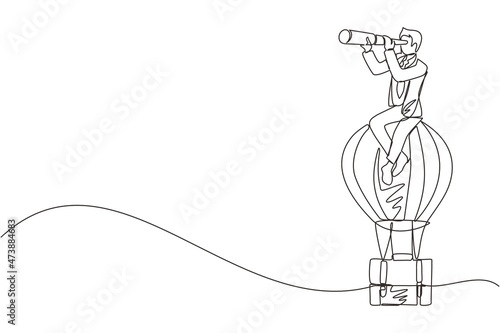 Single one line drawing businessman sitting and looking through telescope in hot air balloon briefcase. Male in suitcase balloon search to success. Business travel. continuous line draw design vector