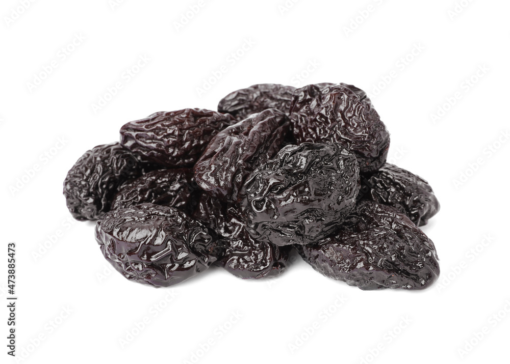 Pile of sweet dried prunes on white background Pile of sweet dried prunes on white background