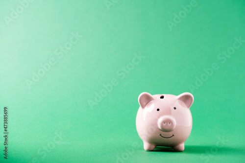 Pink piggy bank on green background. Finance, saving money concept. High quality photo