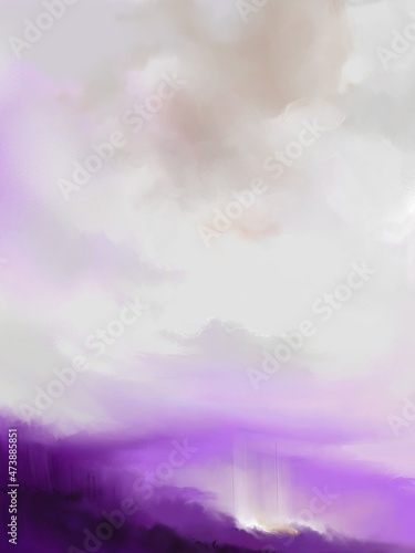 Beautiful fantastic landscape, background abstract, purple tones, aerial perspective, background for decoration, for advertising, hand drawn computer illustration