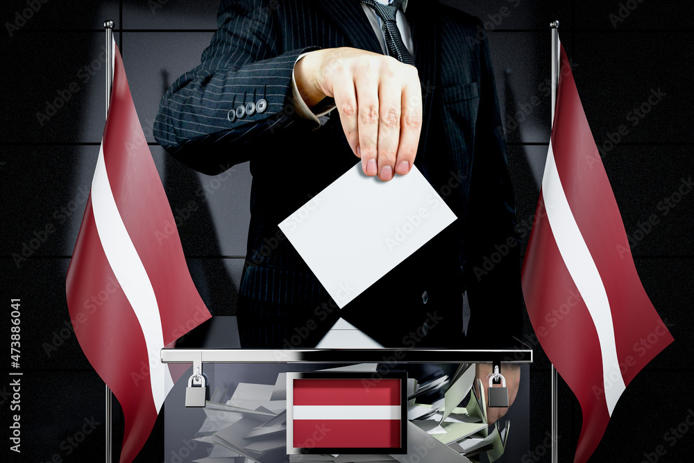 Latvia flags, hand dropping voting card - election concept - 3D illustration - obrazy, fototapety, plakaty 