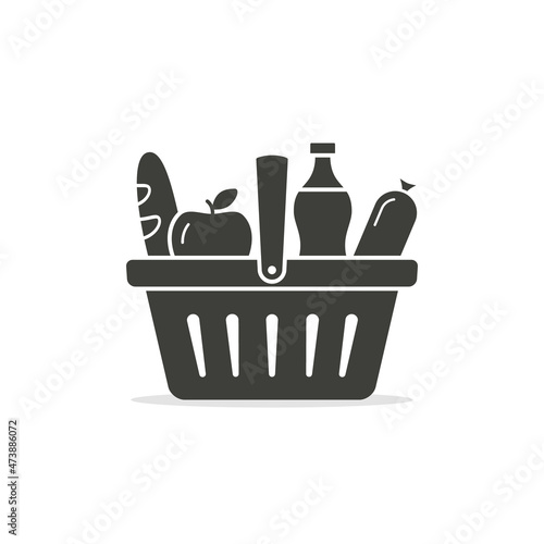 Basket with food icon, grocery shopping, vector isolated black symbol, flat design