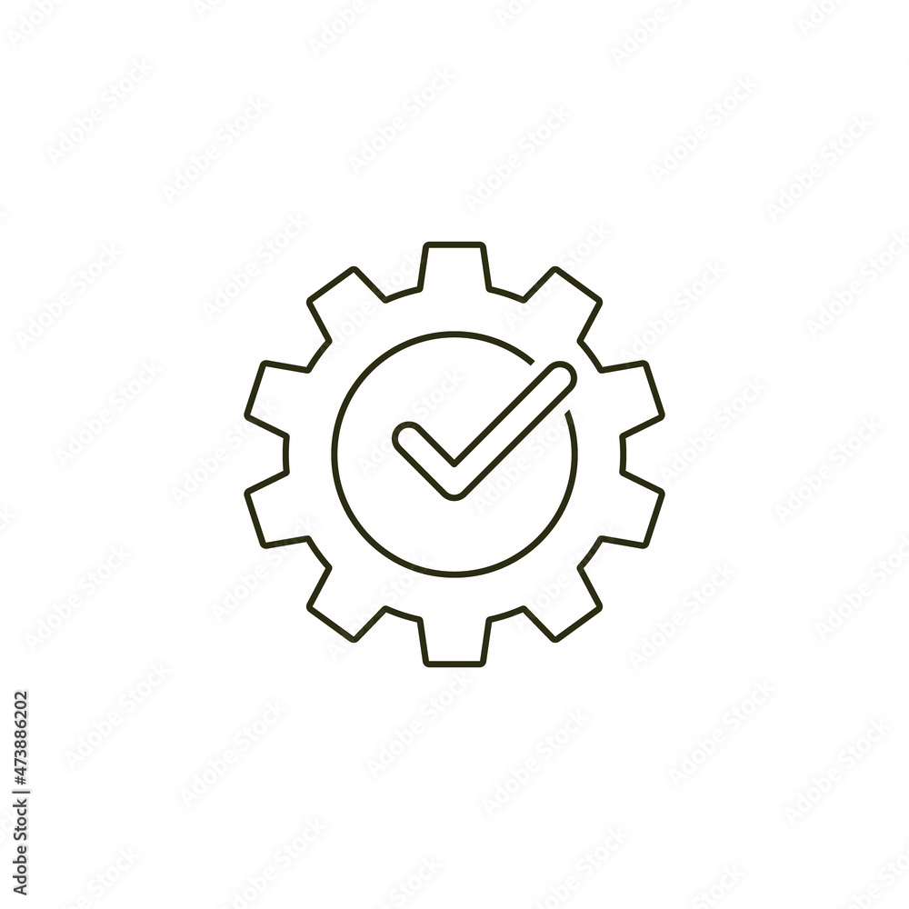 Gear With Check Mark outline Icon, Vector isolated simple line illustration Gear With Check Mark outline Icon, Vector isolated simple line illustration
