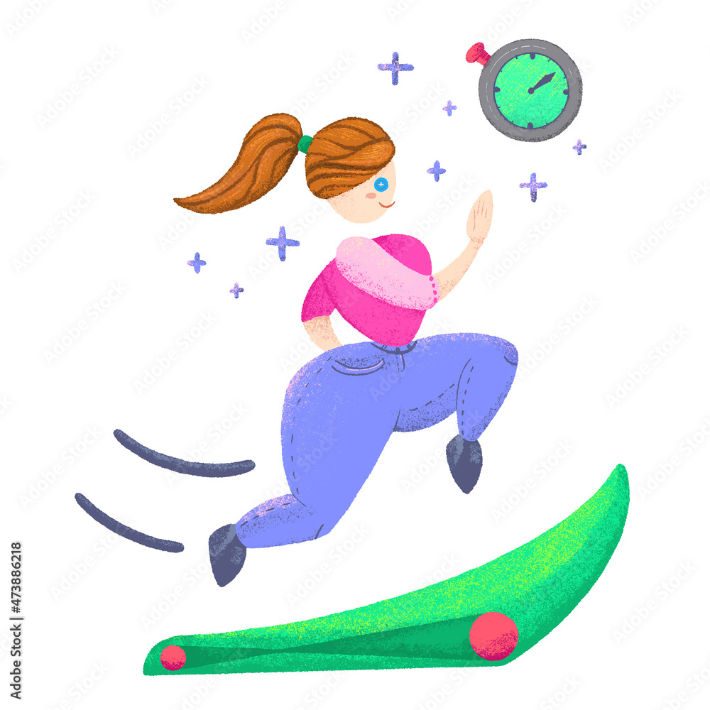 Graphic illustration of a body positive girl running on a treadmill with a timer, rush, sports. Deadline concept Graphic illustration of a body positive girl running on a treadmill with a timer, rush, sports. Deadline concept