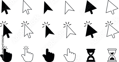 Mouse cursor icons collection. Set of cursor clicks. Computer web arrows, mouse cursors, and line pointer cursor selection by clicking. Set of icons isolated on a white background. Editable Stroke