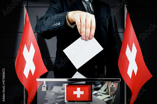 Switzerland flags, hand dropping voting card - election concept - 3D illustration photo